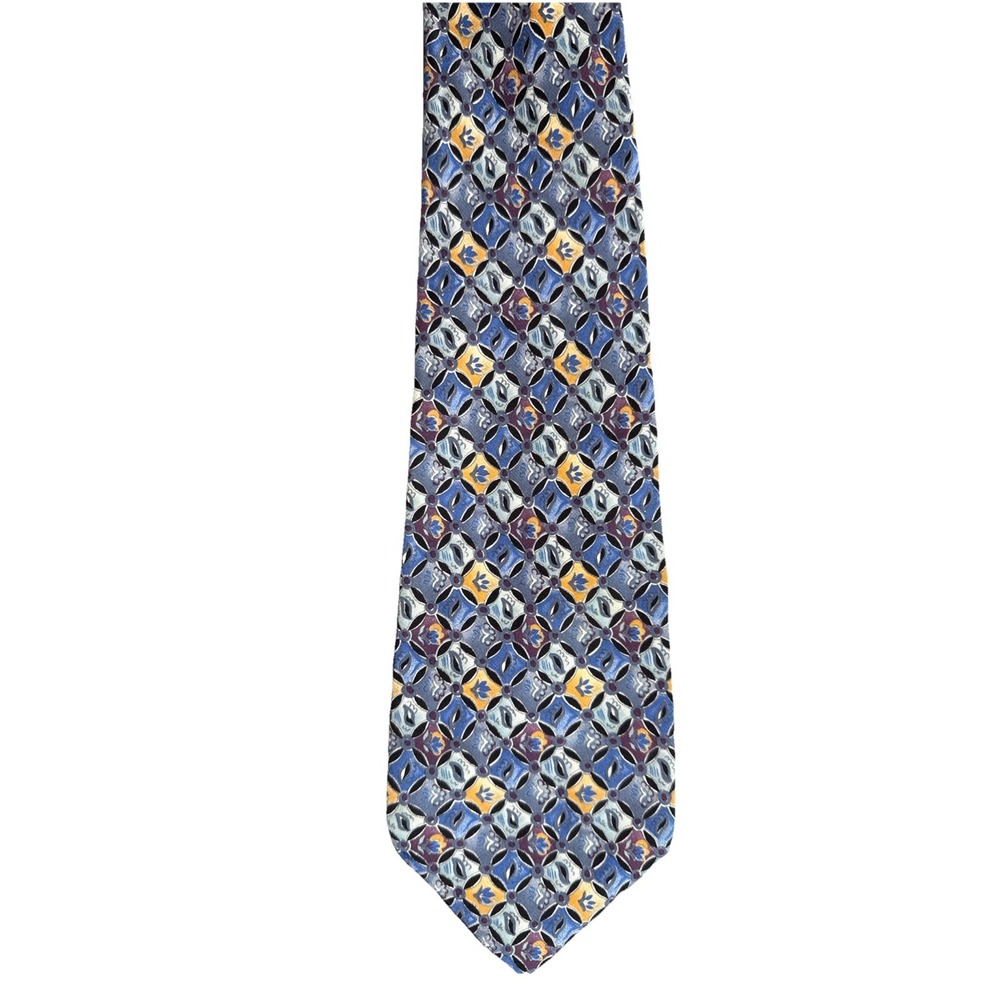 Bugatti 100% Silk Mens Neck Tie‎ Medium Blue Purple Tan Geometric Print